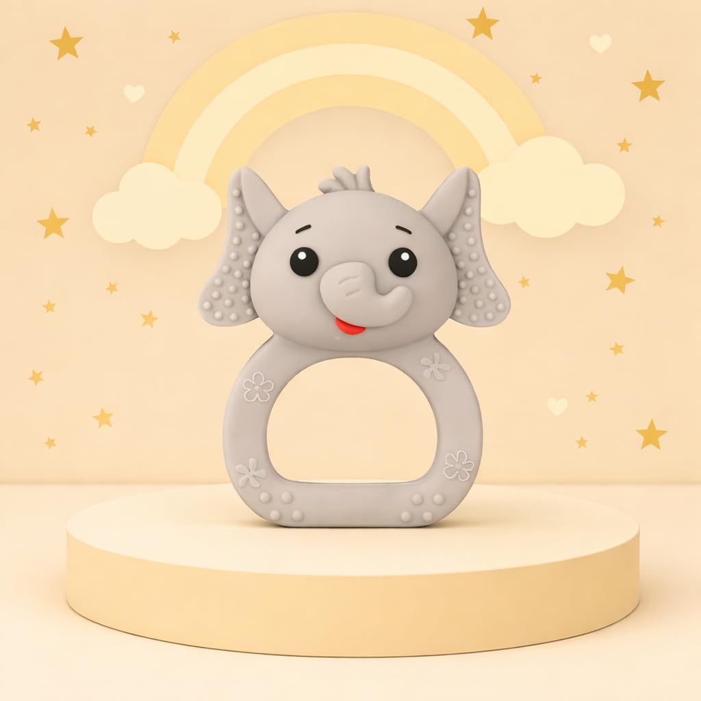 Baby Soft Silicone Chewing Attractive Shape Rattle Teether BPA Free for Teething Molar Teeth Gums Relief 6 to 12 Months (Elephant Grey)-picture-31