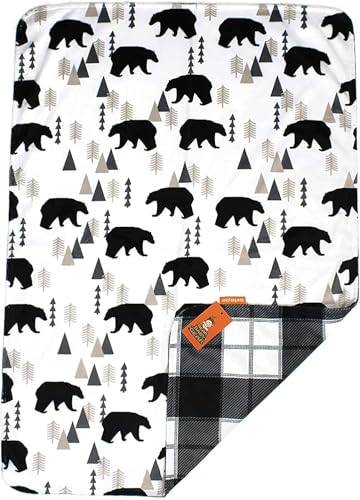 Image of Dear Baby Gear Reversible Baby Blanket, Soft Nursery Cover for Newborn, Breathable, Lightweight Receiving Swaddle, Blanket for Girls and Boys, Black Bears, Geometric Trees /Black&White Plaid, 40 x 30in