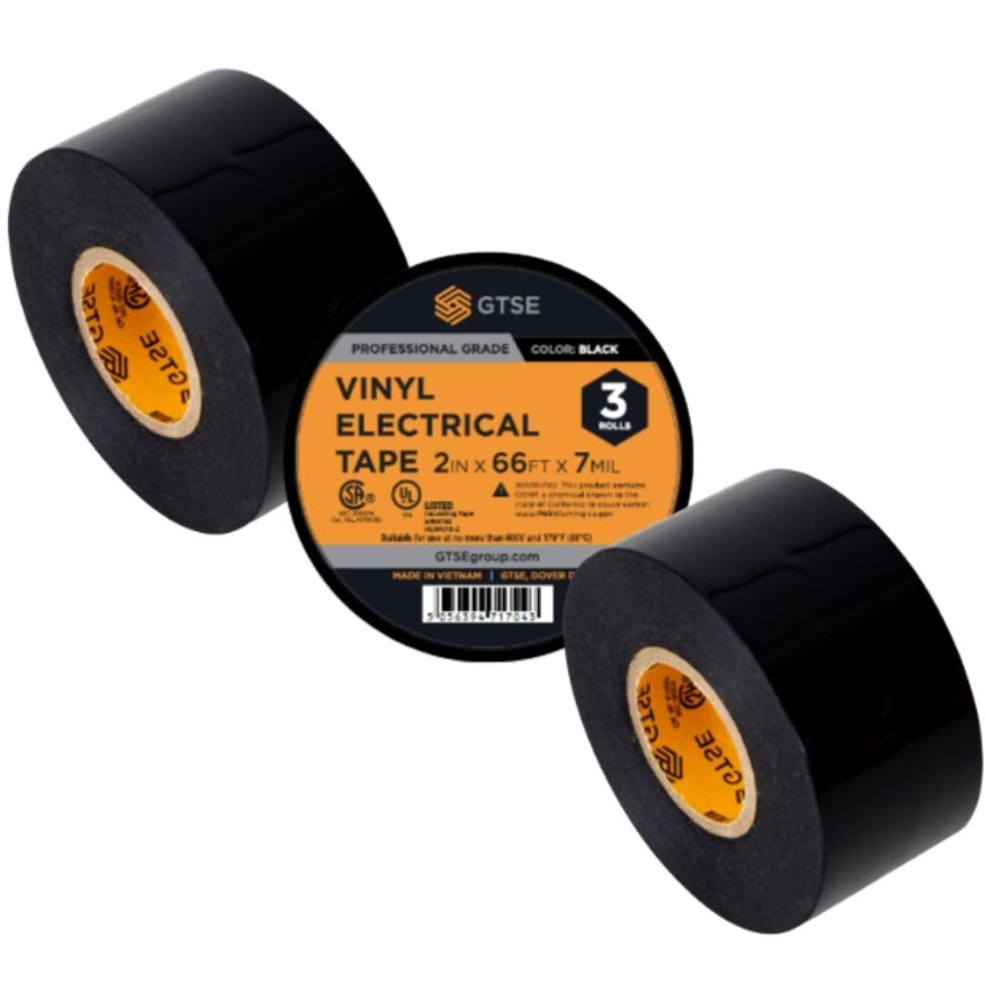 GTSE Wide Black Electrical Tape, 3-Pack – Waterproof, Industrial Grade Vinyl, 2 in x 66ft– Strong Self-Adhesive PVC Electric Tape for Wire Insulation, 7 Mil, 600V – UL/CSA Listed