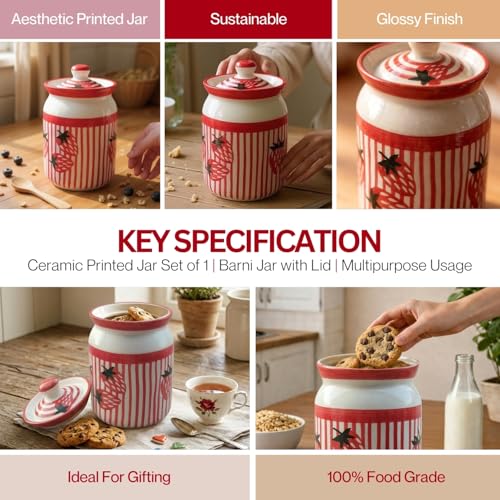 Image of Strawberry Printed Ceramic Handglazed Pickle Jars Set of 1-1000 ML Each | 1 kg Achaar Martban Barni Jar with Lid | Ceramic Storage Jar Container Pickle, Chatney