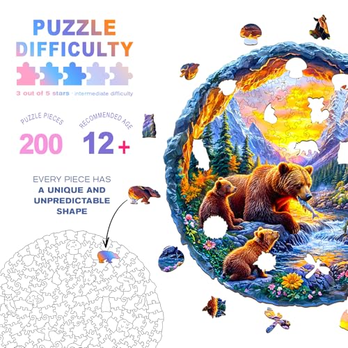 Wooden Puzzles for Adults - Bear Family Wooden Jigsaw Puzzle - Unique Animal Shaped Wood Puzzles Adult - Christmas Birthday Gifts for Adults/Friends/Family - 200pcs 11.4 * 11.3in - Image 2