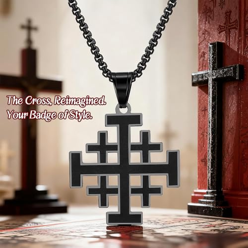 Collier croix de Jérusalem en acier, cadeau de baptême idéal