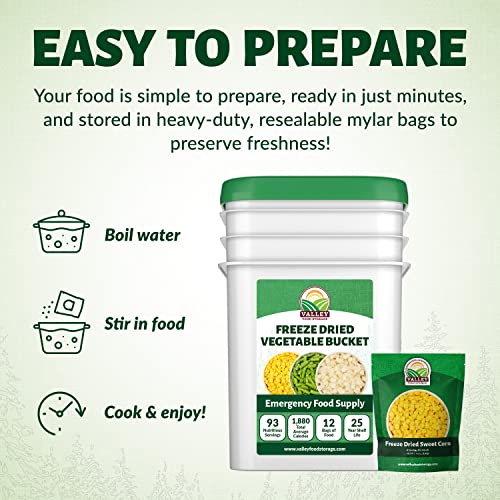 Image of Valley Food Storage Freeze Dried Vegetable Bucket | 12 Pouches, Mixed Vegetables | Premium Emergency Food Supply, 25 Year Shelf Life | Survival Food for Camping, Prepper Storage & Off-Grid Living