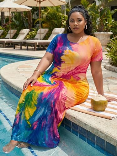 Image of SUZONANA Plus Size Maxi Dress for Curvy Women Summer Casual Sundress Short Sleeve Loose Vacation Dress