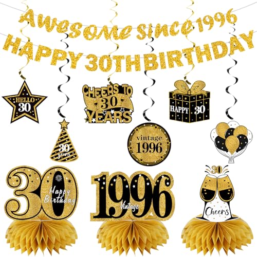 Image of Kuxriox 11Pcs 30th Birthday Decorations Kit for Men Women, Black Gold Happy 30th Birthday Banner, Awesome Since 1996 Centerpieces Swirls Party Supplies, Thirty Bday Banner Ceiling Table Topper Sign
