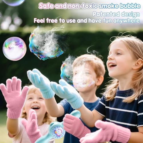 Image of FOUX Fur Fog Bubble Machine for Kids, Rechargeable Magic Mist Bubble Wand with Lights & Sound, Elastic Bubble Fog Blower with Gloves, Safe Bubble Water, Automatic Bubble Maker (Pink)