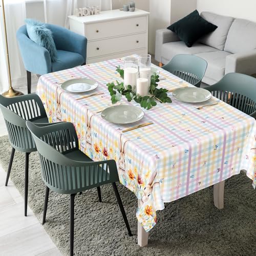 Image of QZYL 2 Pack Easter Tablecloth Disposable, 54 inch x 108 inch Easter Decorations for Table, Plastic Table Cloths with Colorful Eggs Bunny Flower, Rectangular Spring Tablecloths for Party Decorations Supplies