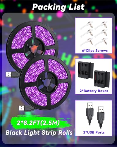 Tira de luz negra LED 16.4FT con enchufe USB y caja de batería miniatura 6