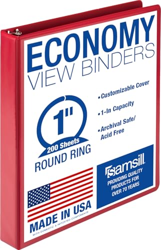 Samsill 1 Inch 3 Ring Binder Economy Round Ring Clear View Cover 200 Sheet Capacity - for School Home Office - Ruby Red