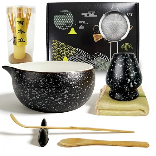 Matcha Kit Complet En Bambou Et Céramique – Fouet à Matcha en Bambou, Bol à Matcha à Buse, Support pour Fouet, Cuillère et Tamis, Idéal Pour Cérémonies Japonaises Ou Cadeau Raffiné Aux Amateurs De Thé