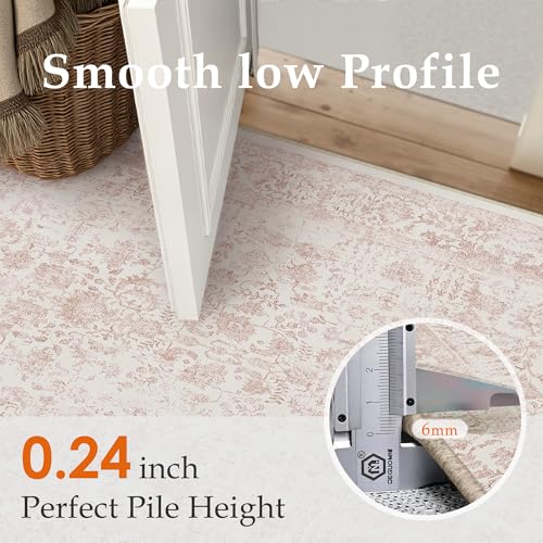 Pink Area Rug 3x5 Office Entryway Rug Machine Washable Kitchen Vintage Distressed Non Slip Carpet Indoor Retro Floral Accent Throw Door Mat for Bathroom Bedroom Dining Living Room