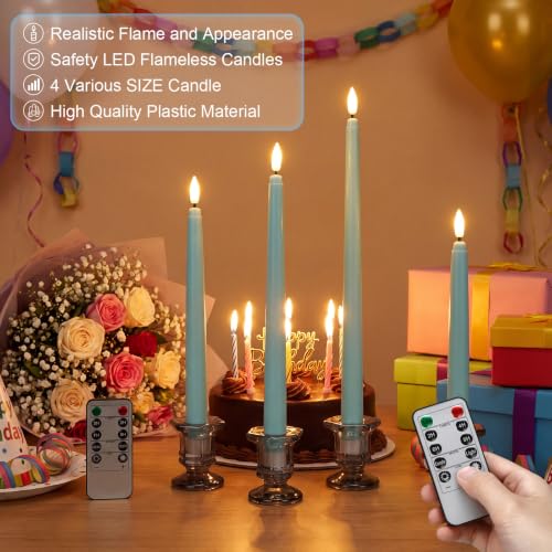 Image of Rossesay 16 Pcs Teal Flameless Taper Candles Battery Operated Candles with Remote Timer 8.5 inch 9.6 inch 10.8 inch 12.8 inch LED Flameless Flickering Candlestick for Summer Halloween Christmas Wedding Party Decor