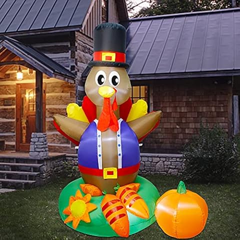 ATDAWN 6 Foot Thanksgiving Inflatable Turkey with Carrot, Perfect Thanksgiving Autumn LED Lights Decorations, Thanksgiving Lighted Outdoor Indoor Yard Holiday Decorations Cover