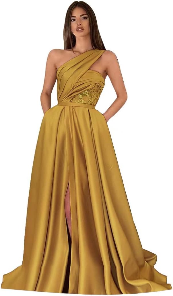One Shoulder Gold Satin Prom Dresses Long with Slit UK | Ubuy
