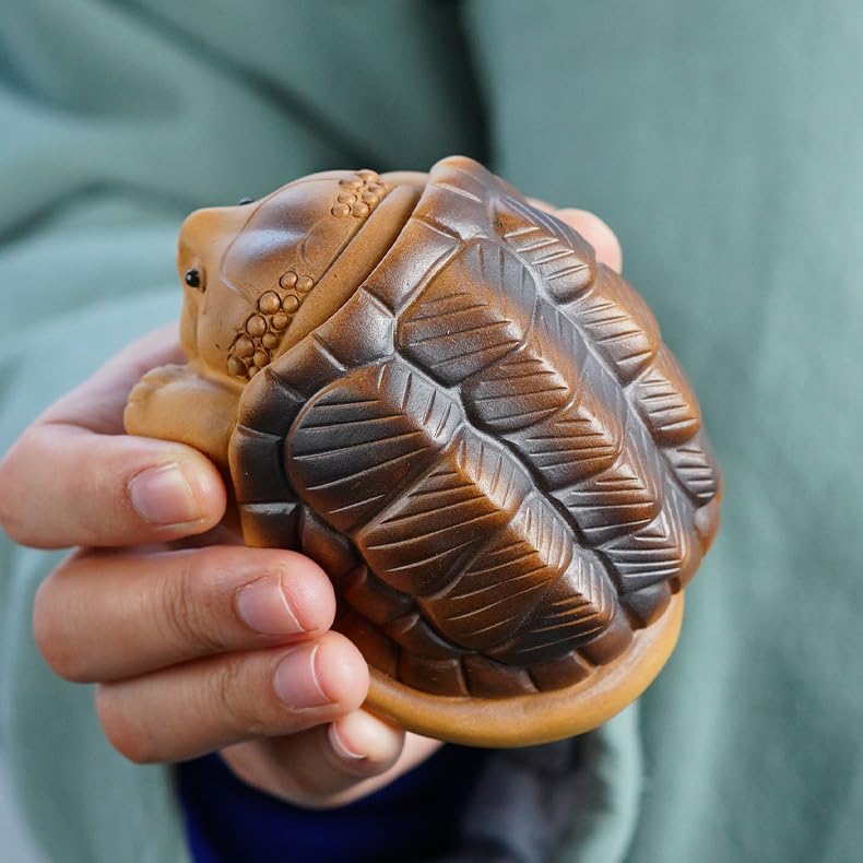 Hormsdar Hand-Made Purple Clay Snapping Turtle Tea Pet Tortoise Statue Kung Fu Tea Tray Decor Tea Lover's Gift Home Office Desk Feng Shui Ornament