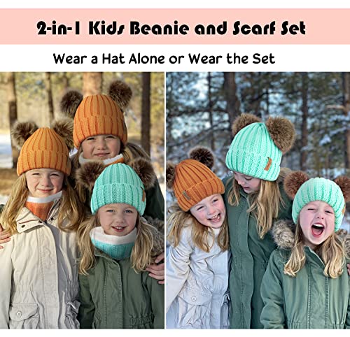 Simplicity Kids Cute Pom Pom Winter Beanie Hat and Scarf Set for Boys Girls Kids Knitted Fleece Lined Skull Scarf Set2