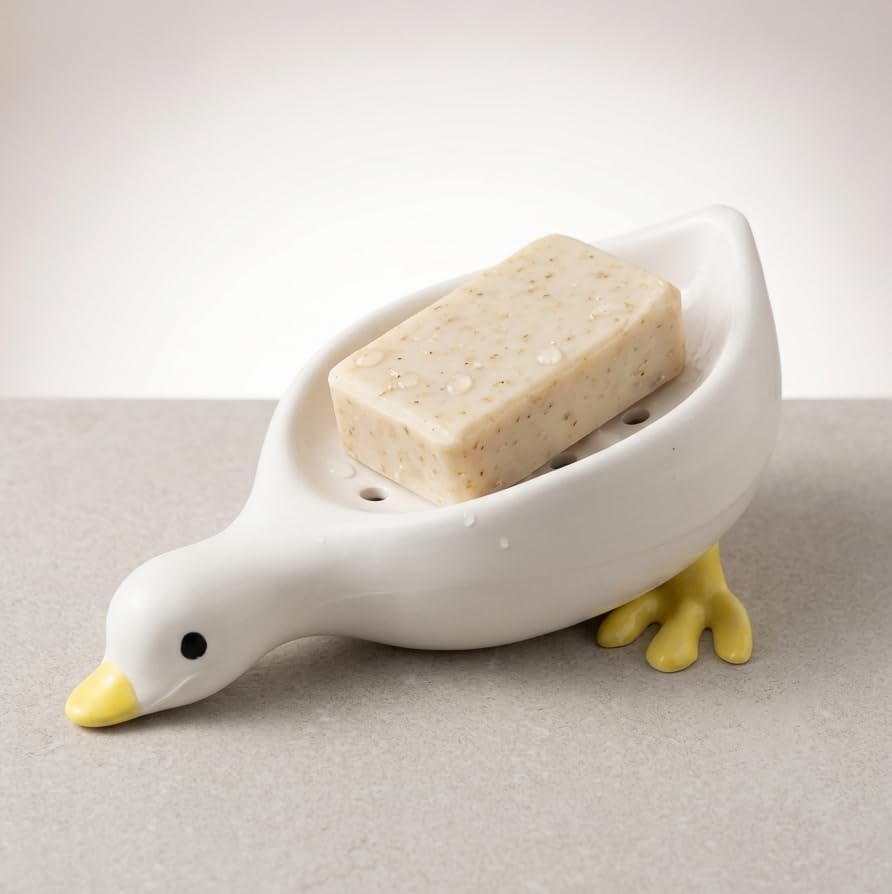 Duck Shape Soap Holder with Drainage, Plastic Soap Dish for Sink Edge or Countertop Bar Soap & Sponge Holder (White)-image-24