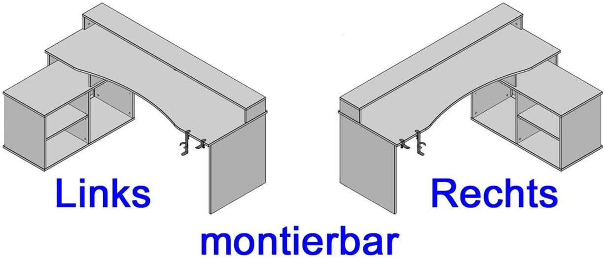 Diagram showing two configurations of the desk: one with the storage unit on the left ('Links') and one with it on the right ('Rechts').