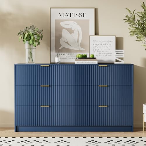 Image of Furniway Navy Blue Dresser for Bedroom, Modern Dresser with 6 Drawers and Smooth Slides, Wide Chest of Drawers with Golden Handles for Bedroom, Living Room, Closet, 15.7 inch D x 55.1 inch W x 31.4 inch H