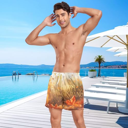 Mens Swim Trunks with Liner, Pumpkin Thanksgiving Autumn Cool Quick Dry Beach Swim Shorts, Swimwear Bathing Suits S4