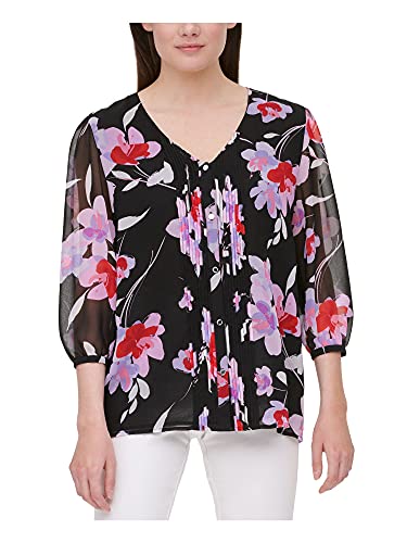 Calvin Klein Women's Long Sleeve Printed Blouse with Front Pleats and Buttons, Black Wisteria Multi, Small