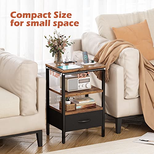 Superjare Nightstands Set Of 2, Bed Side Tables With Charging Station, Adjustable Fabric Drawer, Night Stands For Bedroom, 3-Tier Storage End Tables, Fabric Dresser, For Living Room - Vintage Brown #TOP5