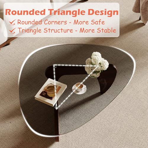 Image of Modern Coffee Table for Living Room and Small Spaces, 35.6 inch x 25.4 inch x 15.8 inch Triangle Tempered Glass Table Top and Solid Wood Base, Walnut