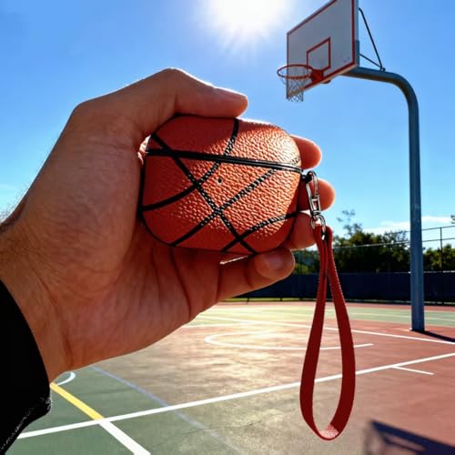 Image of Basketball AirPods Pro 3 Case 2025, Premium PU Leather Protective Cover with Keychain, Cute Hard Shell Earbuds Case, Red