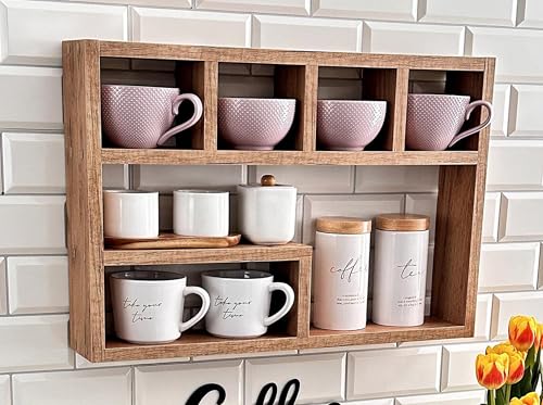Image of Hamdan Collection Wall Mounted Mug Shelf - Coffee Cup Storage - Kitchen Wall Rack - Floating Cup Organizer - Rustic Coffee Bar Shelf (5 Comp)