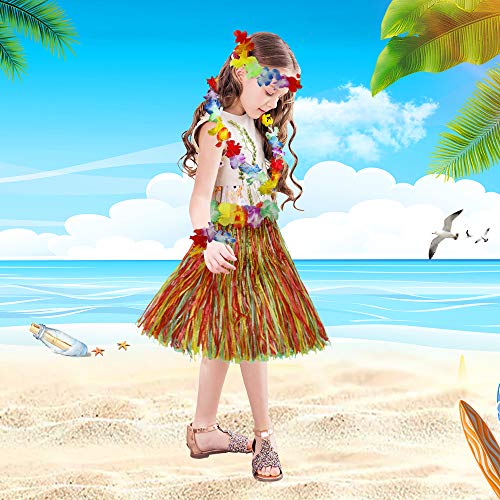 Kid's Elastic Hawaiian Hula Dancer Grass Skirt With Flower Costume Set -Multi-Color #TOP4