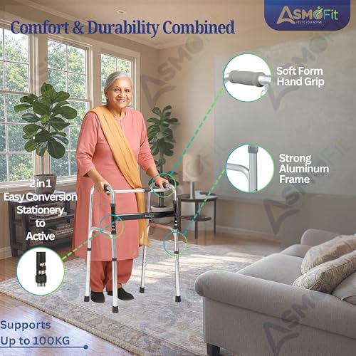 Image of Asmofit Premium Lightweight Aluminum Height Adjustable Folding Walker (Silver) | Portable Mobility Aid for Seniors, Elderly & Patients | Durable & Easy to Use Walking Support