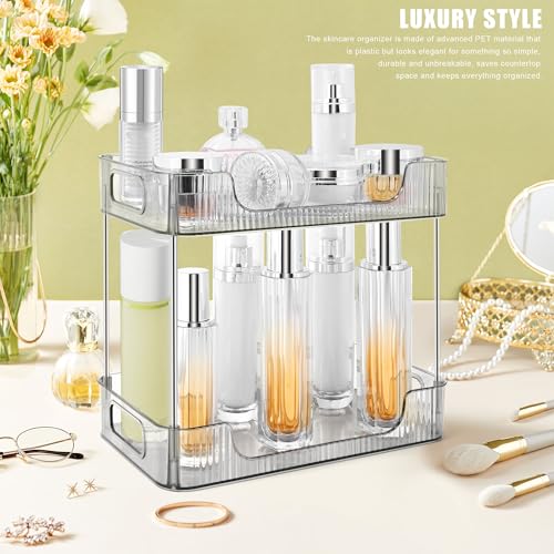 Image of 2-Tier Bathroom Counter Organizer Countertop Storage, Dresser Organizer Vanity Tray for Makeup, Perfume Organizer Cosmetics Skincare Shelf - Grey