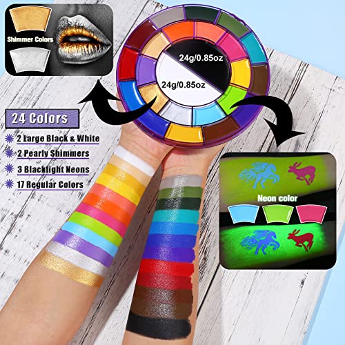 Bobisuka Face Paint Kit, 24 Colors Rotation Body Face Painting Palette - 2 Larger White Black,3 Neon,2 Shimmer,17 Classic Colors, Halloween Easter Face Painting Kit For Kids And Adults #TOP2