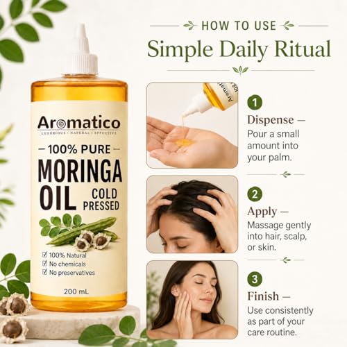 Image of AROMATICO Moringa Oil for Face, Hair and Body, Multipurpose Carrier Oil for Skincare, Scalp Massage, Dry Skin Care and Natural Glow Routine - 200ml