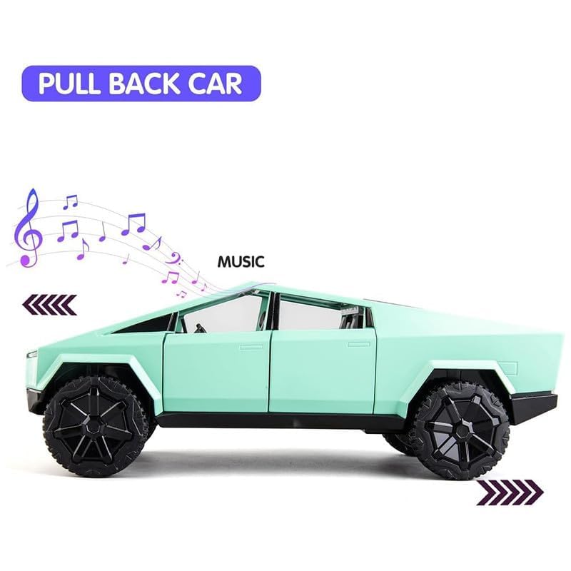Image of New 1:24 CyberTruck Diecast Alloy Metal Pull Back Car with Openable Doors Music Sound and Light Vehicle Toy Car for Kids Boys (Green)