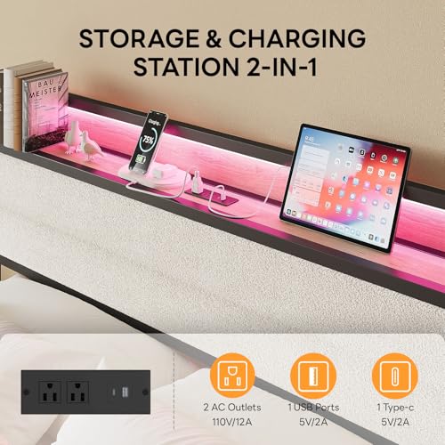 Image of LIKIMIO Queen Bed Frame with Storage Headboard and LED Lights, Metal Platform Bed with Charging Station, Noise Free, No Box Spring Needed, Under Bed Storage, Natural and Cream