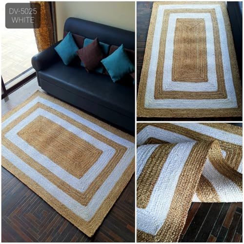 Image of Jute Braided Natural Hand Woven & Reversible Rug for Living Room Kitchen Entryway, Farmhouse Rustic Burlap Carpet Floor Mat (Whitejute, 4X6-feet)