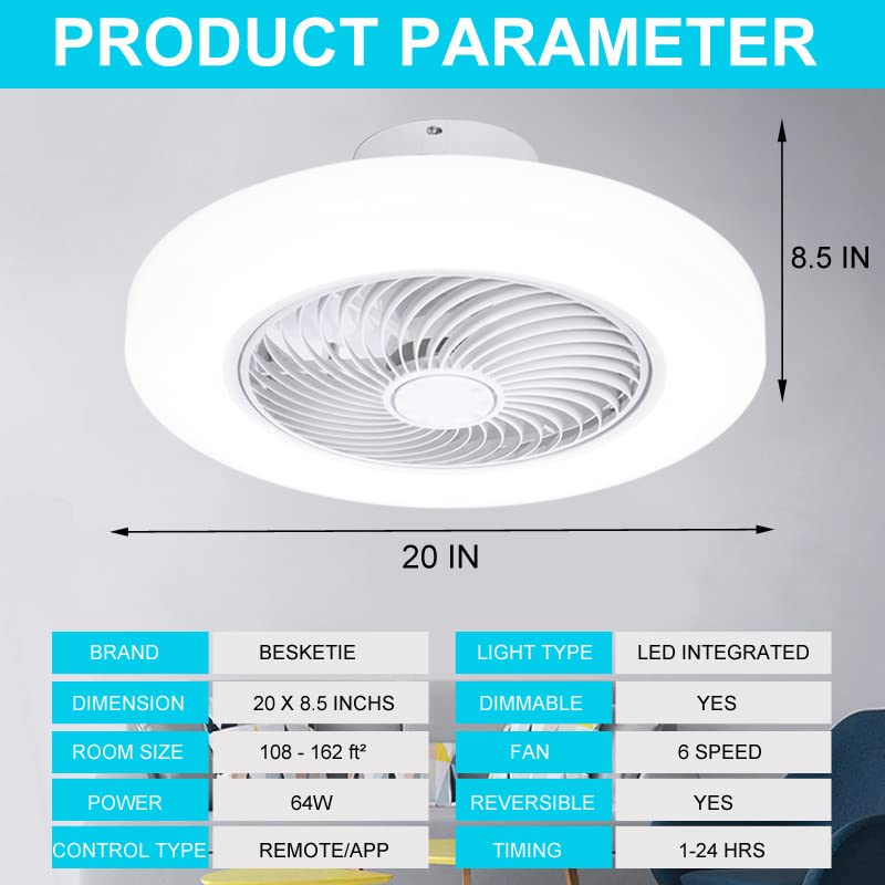 BESKETIE Bladeless Ceiling Fan with Lights, 20” Modern Ceiling Fan with Light Remote Control, Smart Dimmable LED Enclosed Ceiling Fans with 3 Color and 6 Wind Speed for Bedroom, Living Room, Kids Room