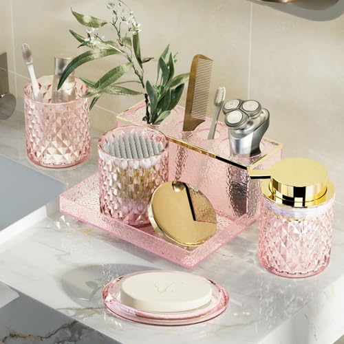 Glass Bathroom Accessories Set 5Pcs Crystal - Foaming Soap Dispenser, Soap Dish, Cup, Acrylic Toothbrush Holder with Tray Organizer, Qtip Jar, Bathroom Counter Set Sink Decor (Pink) - Image 3