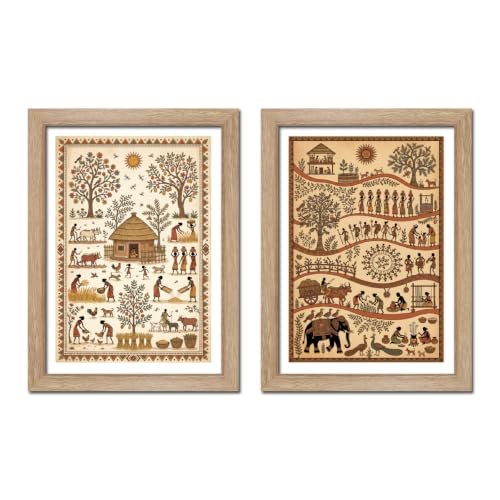 Image of TenorArts Traditional Tribal Folk Art Photo Frame Set of 2 , Indian Rural Arts Decor Wall Hanging Painting For Bedroom Living Room Cafe and Home decor / Minimal Drawing Framed Posters for Decoration (9x12 inches) [T2P-04T]