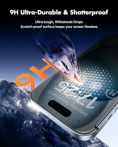Image of UNBREAKcable Privacy Screen Protector for iPhone 15, Anti-Spy Shatterproof Tempered Glass [True 28Anti Spy] [9H Hardness] [Easy Installation Frame] Black Protector for iPhone 6.1 inch - 2 Pack
