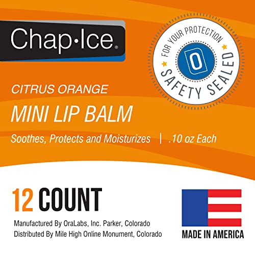 Chap-Ice® | 12-Count Mini Citrus Orange Lip Balm | Lip Balm Pack Fortified With Vitamin E For Dry, Cracked Lips | Made In Usa | 12-Count Mini Lip Balm With Citrus Orange Flavor (0.10Oz/3G Each) #TOP4