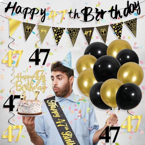 Image of 47th Birthday Decorations for Men, Black Gold 47th Party Decoration Kits | 27pcs Happy 47th Birthday Set, Banner, Honeycomb, Balloons, Gold Number, Candle, Hanging Swirls, Cake Topper, Party Supplies