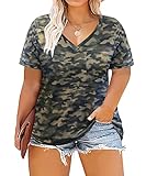 TIYOMI Plus Size Womens Tops Short Sleeve V-Neck Camo Print Classic Fit Loose Casual Summer Shirts Grey Camouflage 3XL 22W 24W