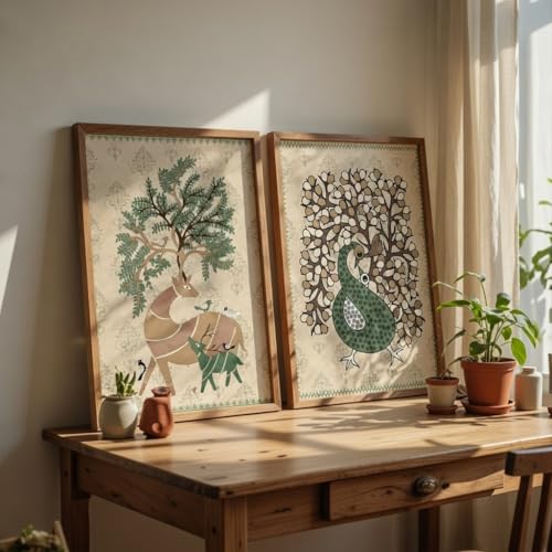 Image of Livin'luxe Set of 2 Nature & Peacock Wall Paintings | Premium MDF Framed Wall Art for Living Room Bedroom Hallway | HD UV Printed Wooden Color Frame Home Decor 13.5 Inch x 19.5 Inch