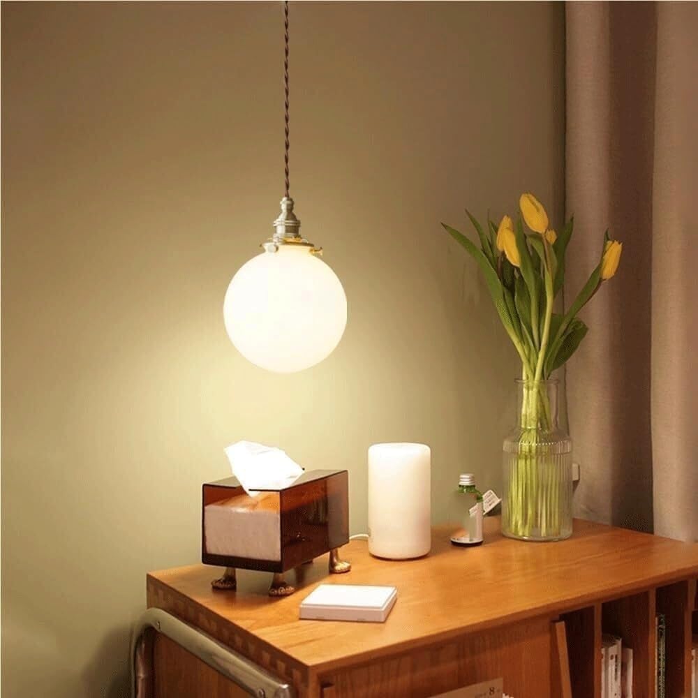 Lampada a sospensione vintage a forma di globo in vetro in ottone, lampada a moderna in bianco metà secolo, da soffitto retrò con cavo regolabile for comodino, isola cucina, sala pranzo, 5,5"
