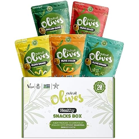 Nutruit Olives Snacks - Pitted Olives (Variety Box) - Fresh Harvest Aegean Green Olives - Vegan, Non-GMO, Gluten Free, Kosher, Paleo, Sugar Free - Premium Packs with Wooden Stick - 1.2oz (Pack of 20) Cover