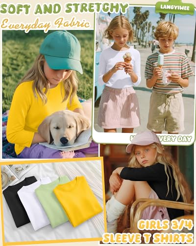 Image of 4 Pack Girls 3 /4 Sleeve T Shirts Kids Crewneck Elbow Sleeve Casual Tops Solid Basic Cute Teen Tees 5-14Y