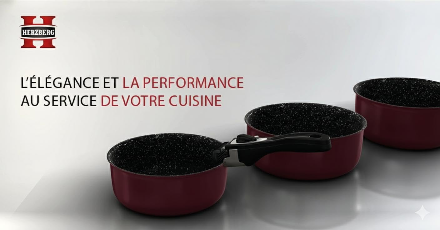 Herzberg - Batteria di Cucina - Set 3 Pentole Induzione e 2 Padelle Antiaderenti in Alluminio Forgiato - Manici Amovibili - Guanto da Cucina Incluso - Compatibile Tutti i Fuochi - Bordeaux