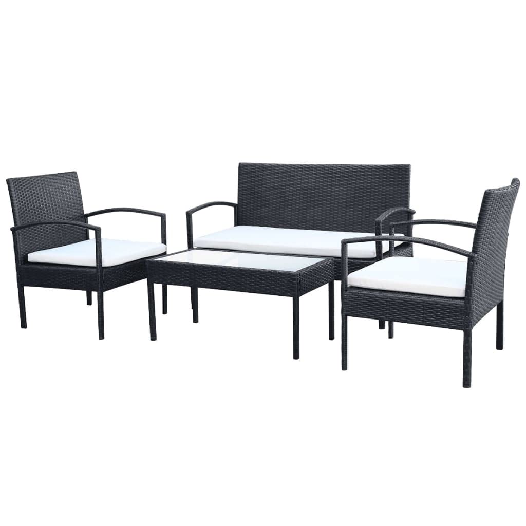 Salon de jardin 4 pièces en polyrotin noir avec table basse et coussins blanc crème